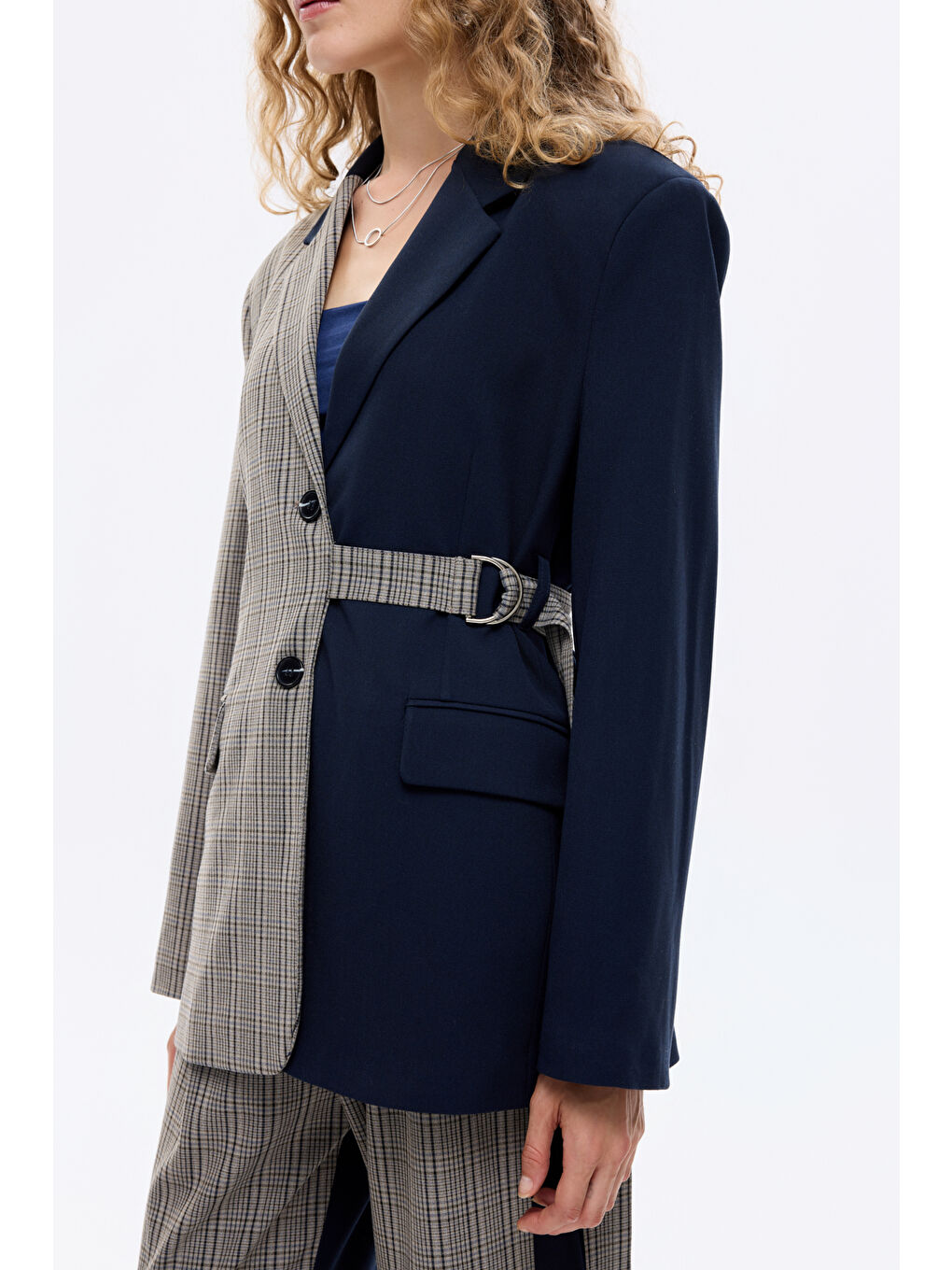 Ekose Garnili Kuşak Detaylı Oversize Blazer Ceket Lacivert-2