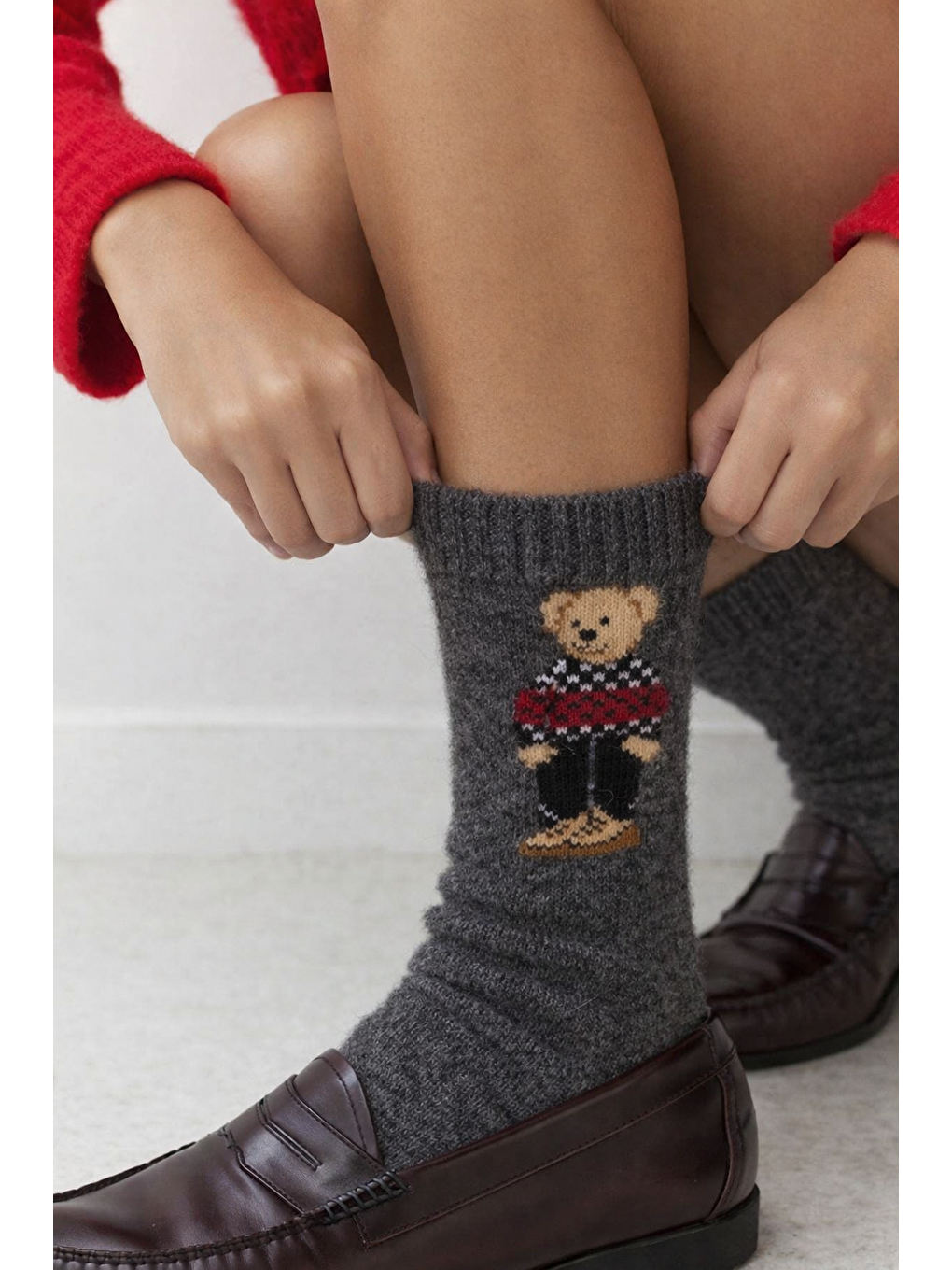 Kadın Teddy Desenli Yün Soket Çorap Gri