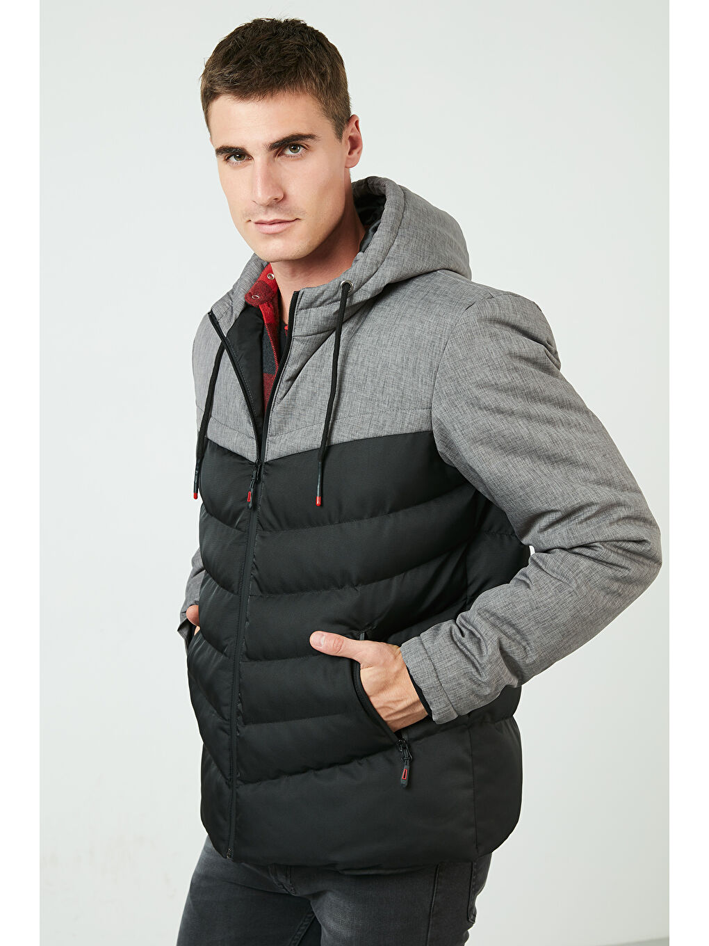 Gri Slim Fit Kapüşonlu Cepli   100 Pamuk Erkek Şişme Mont 5712070-6