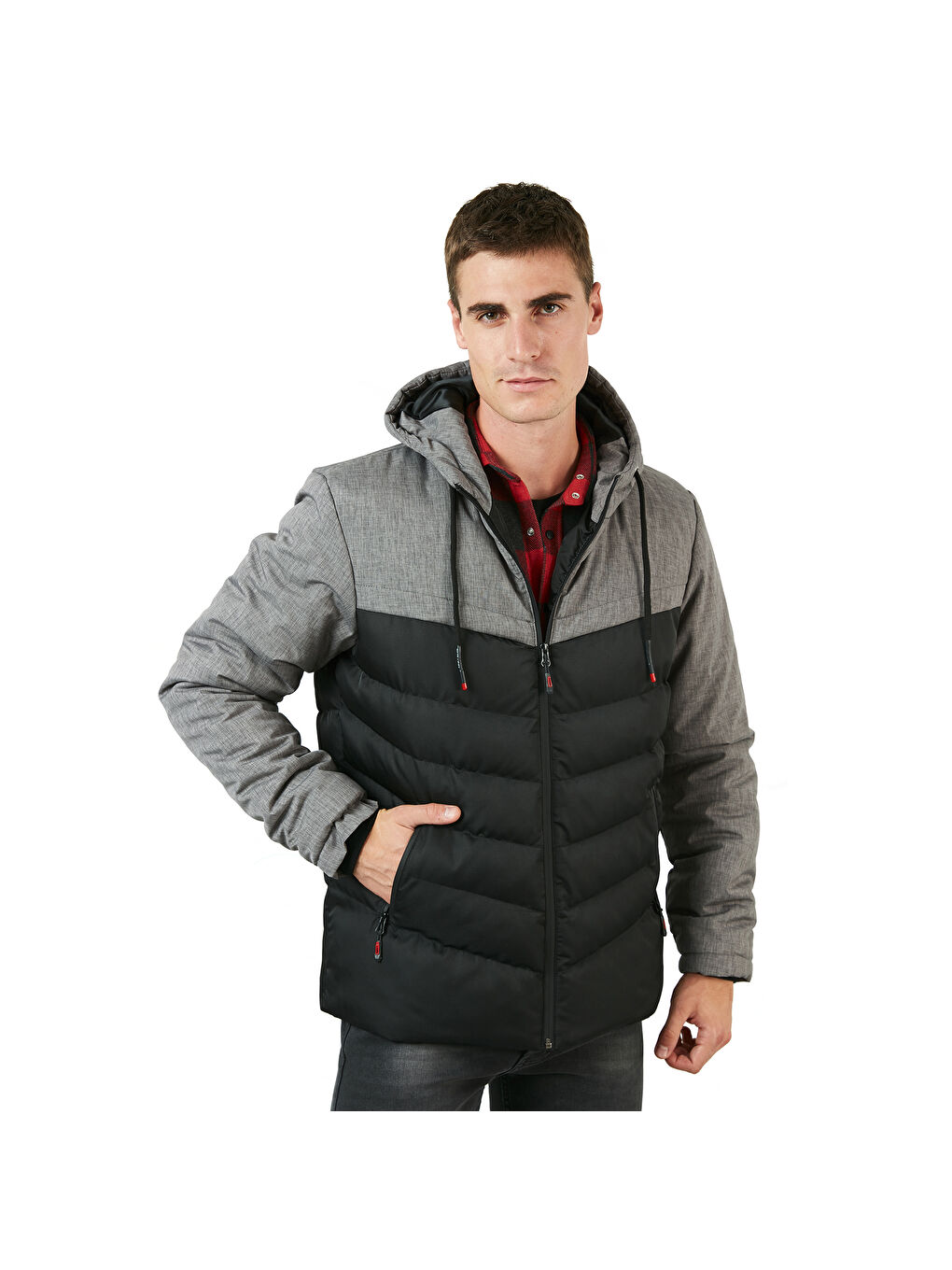 Gri Slim Fit Kapüşonlu Cepli   100 Pamuk Erkek Şişme Mont 5712070-7