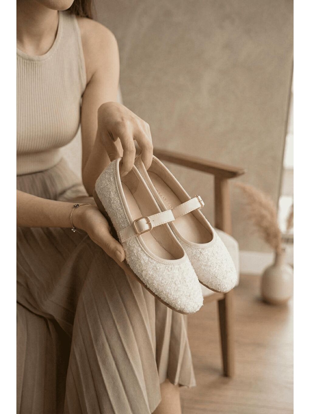 Ekru Tweed Dokulu Mary Jane Babet - Klasik Tokalı Zarif Ayakkabı-2