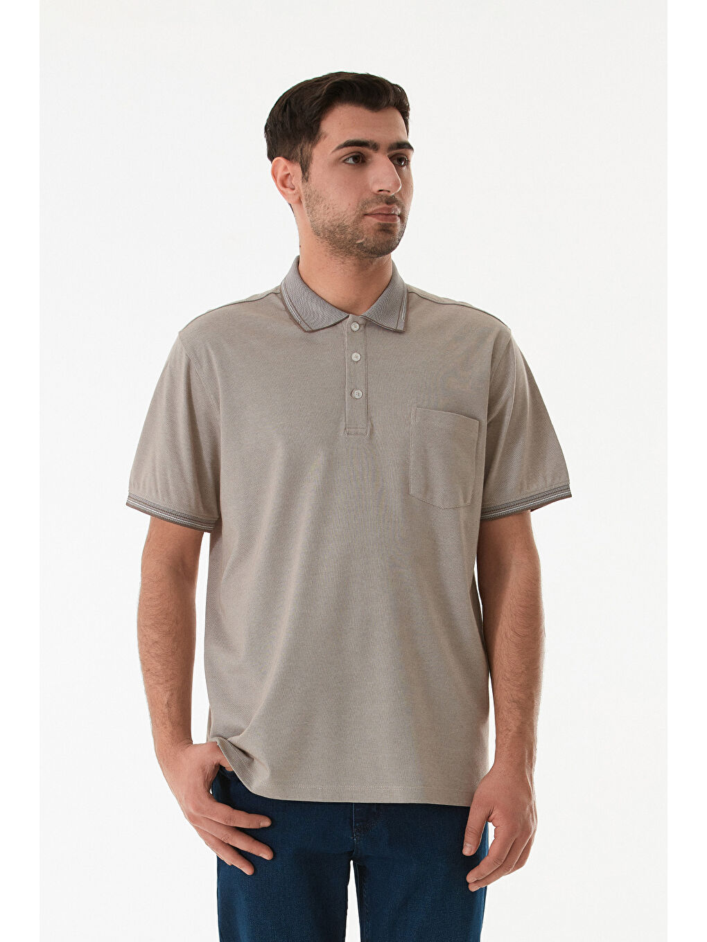 Bej Cepli Düğmeli Polo Yaka Tişört-3