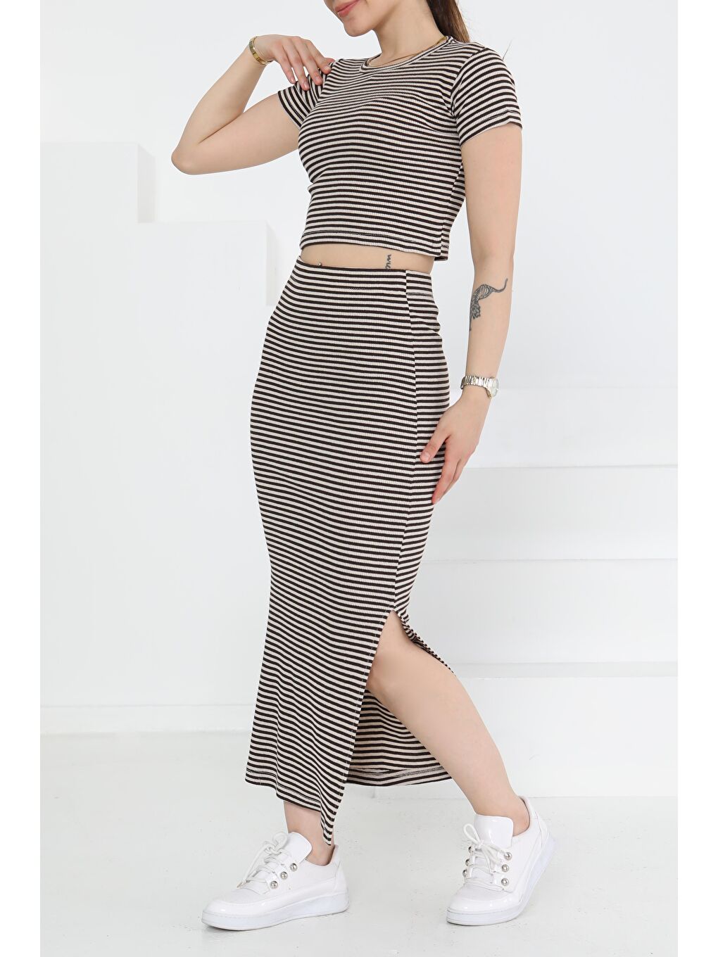 Kahverengi Kısa Kollu Çizgili İkili Takım Kahve - 27232