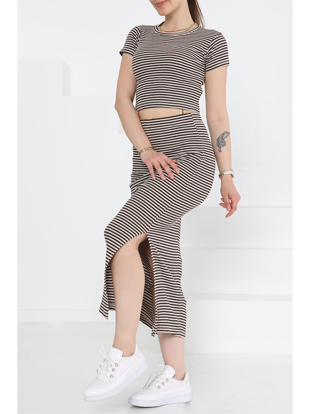 Kahverengi Kısa Kollu Çizgili İkili Takım Kahve - 27232-1