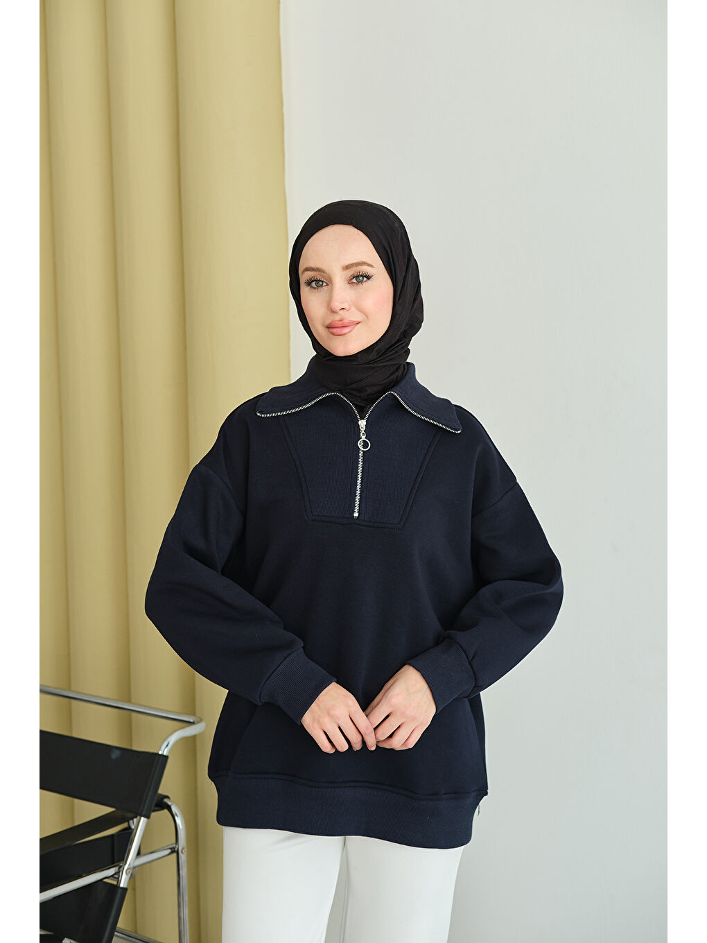 Kadın Yarım Fermuarlı Sweat Lacivert-2