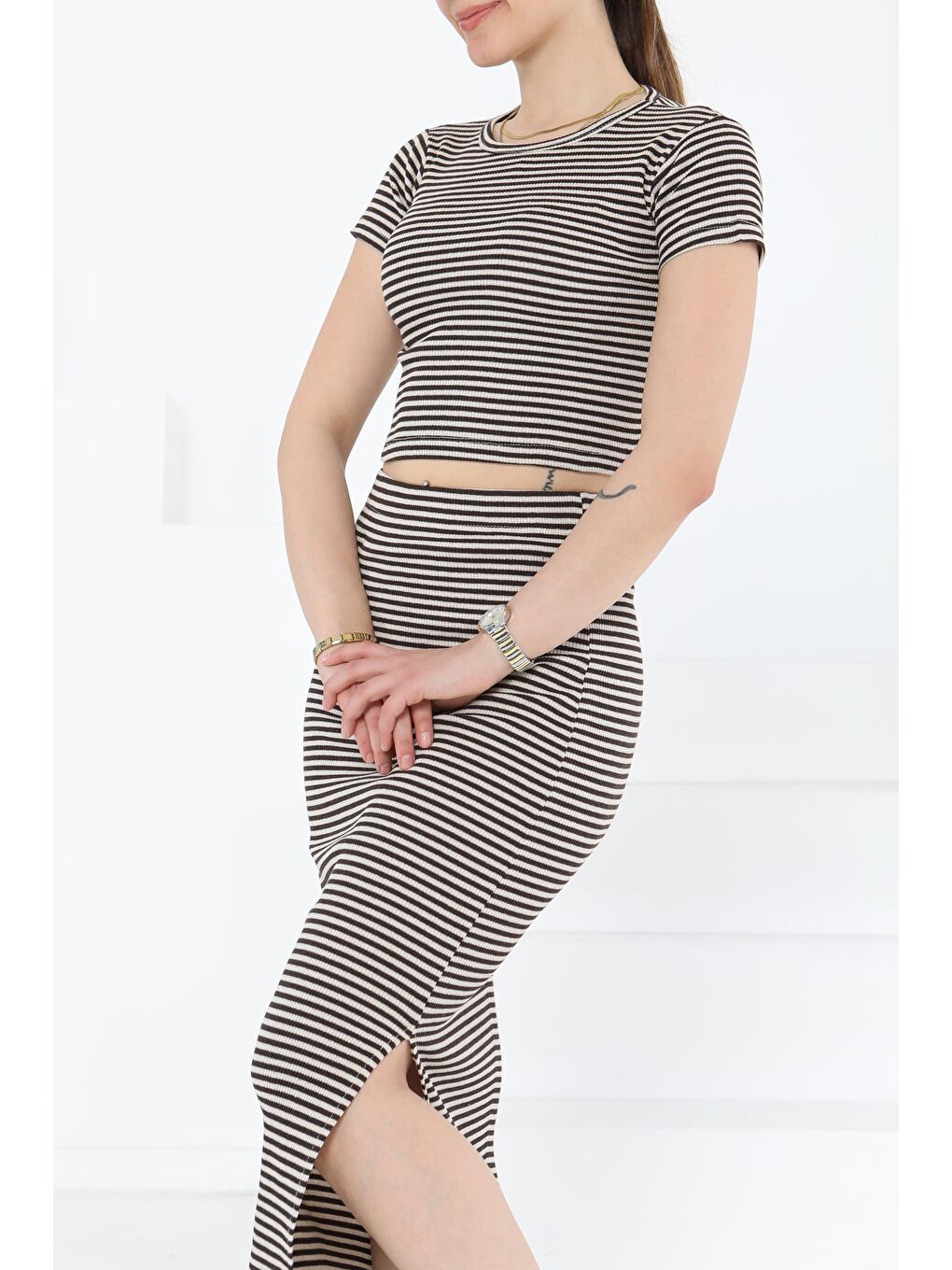 Kahverengi Kısa Kollu Çizgili İkili Takım Kahve - 27232-2