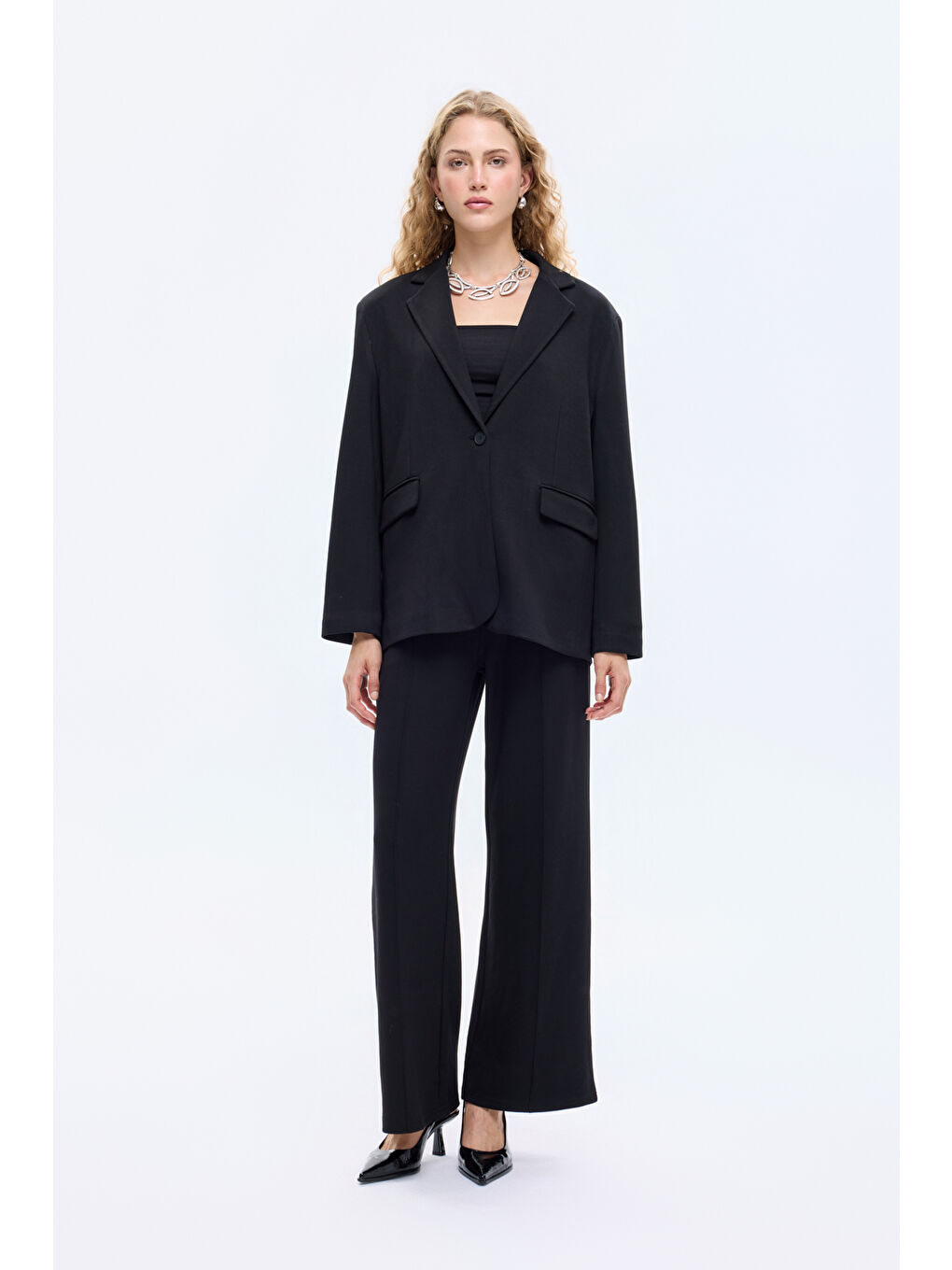 Tek Düğmeli Yumuşak Dokulu Oversize Blazer Ceket Siyah-2