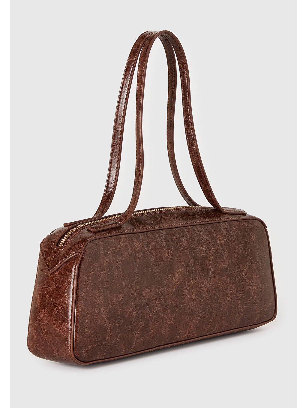 Kadın Koyu Kahverengi Suni Deri Parlak Bowling Omuz Çantası-1