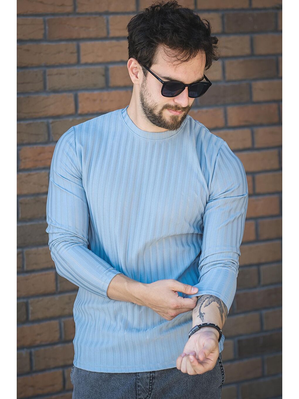 Gri Jordao Fitilli Slim Fit Elastanlı Bisiklet Yaka Erkek Uzun Kol Tshirt-1