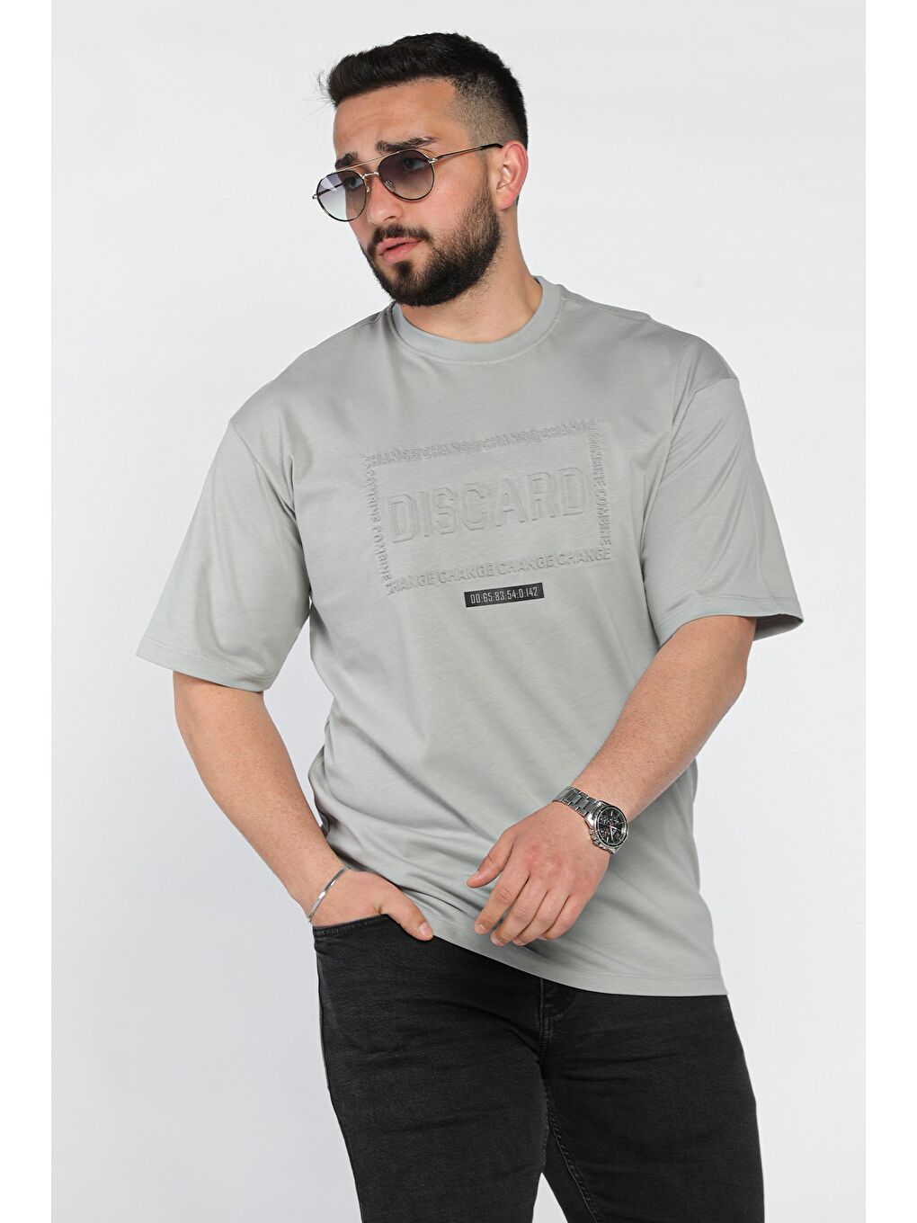 Gri Erkek Yazı Baskılı  Tişört-1