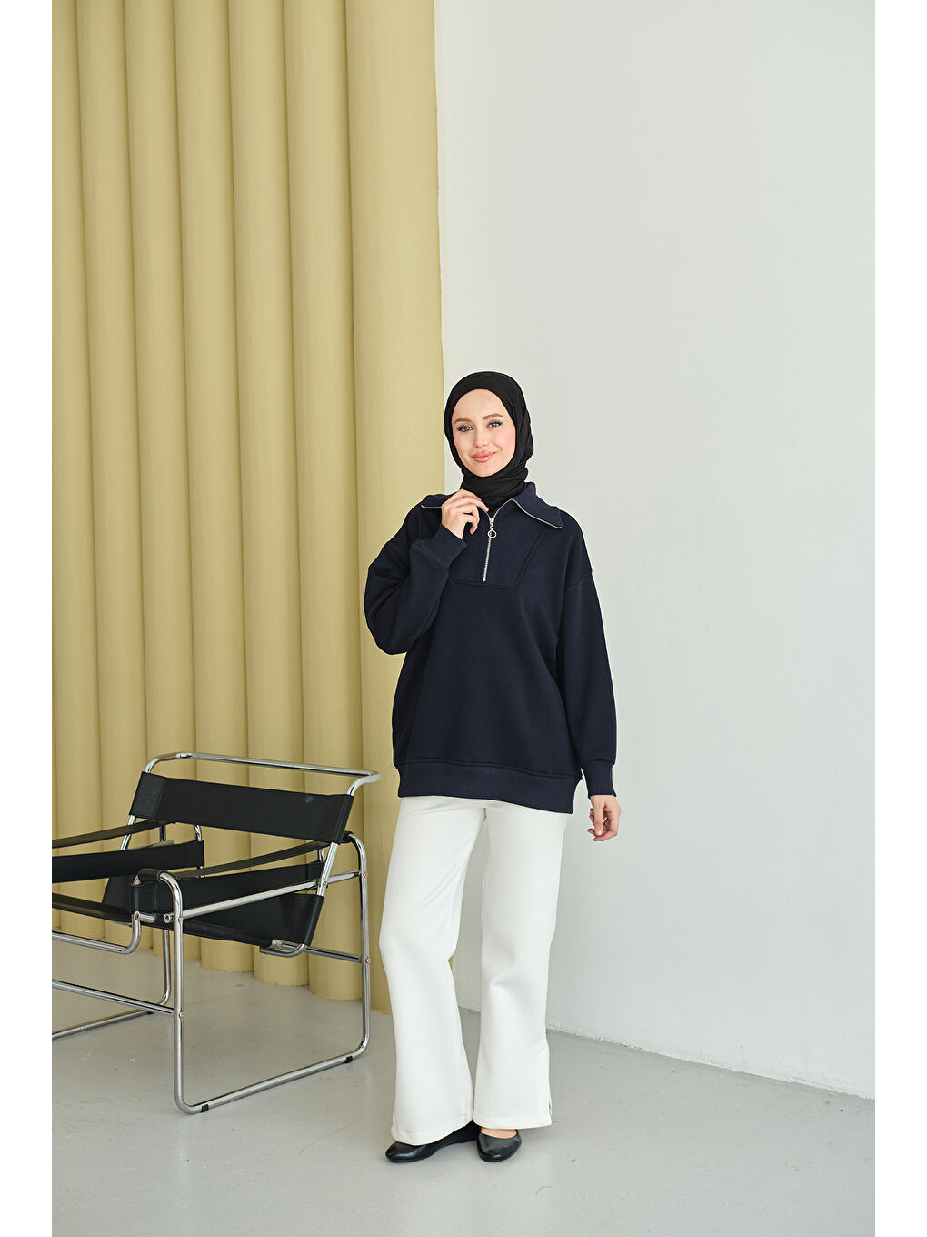 Kadın Yarım Fermuarlı Sweat Lacivert-3