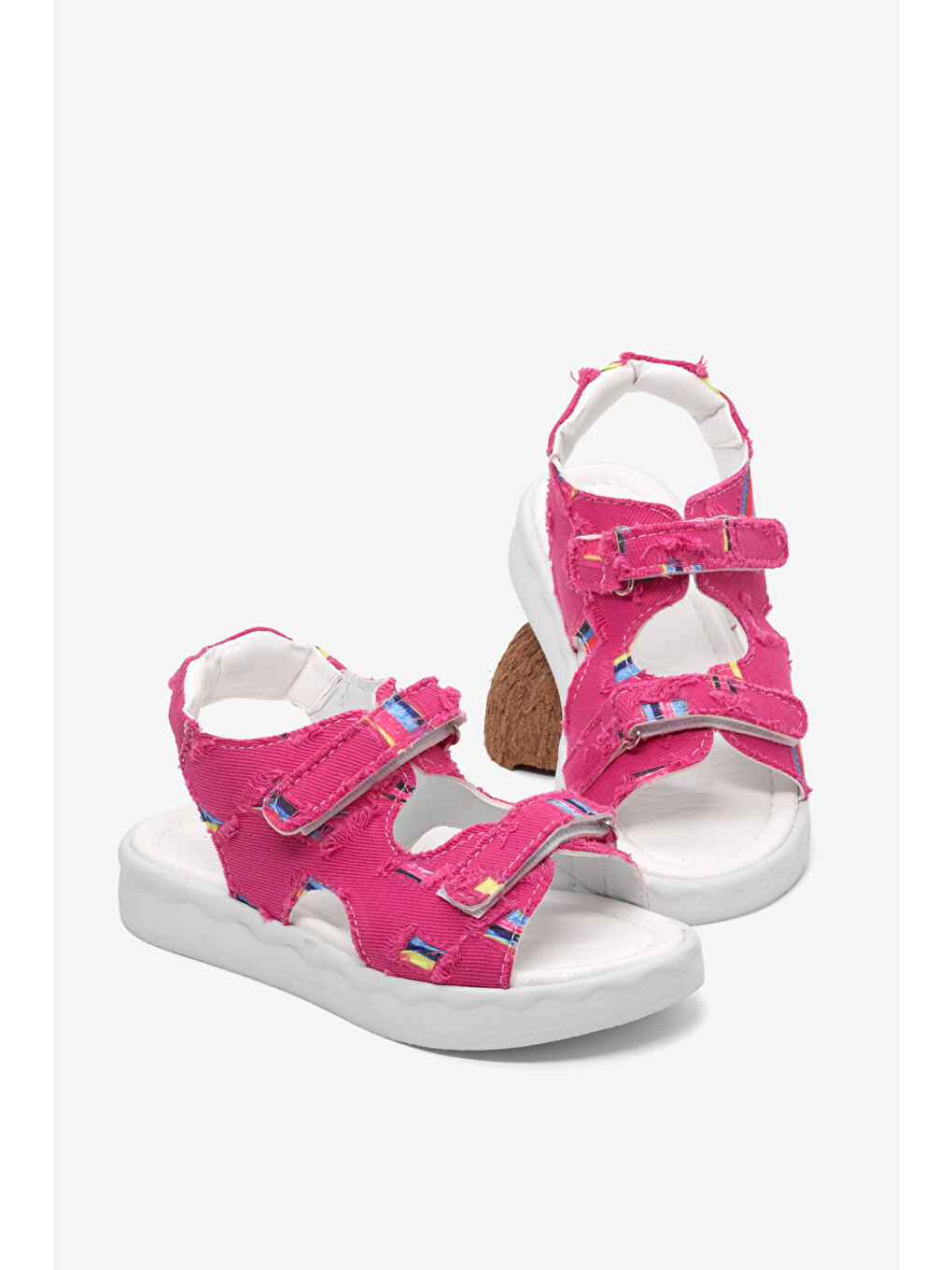 Çocuk Unisex Fuşya Rahat Kalıp Renk Desenli Çift Cırtlı Sandalet-1