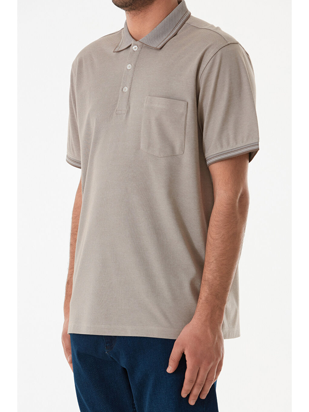 Bej Cepli Düğmeli Polo Yaka Tişört-4