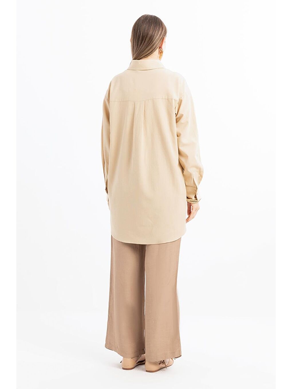 Bej-Nakışlı Keten Gömlek-2