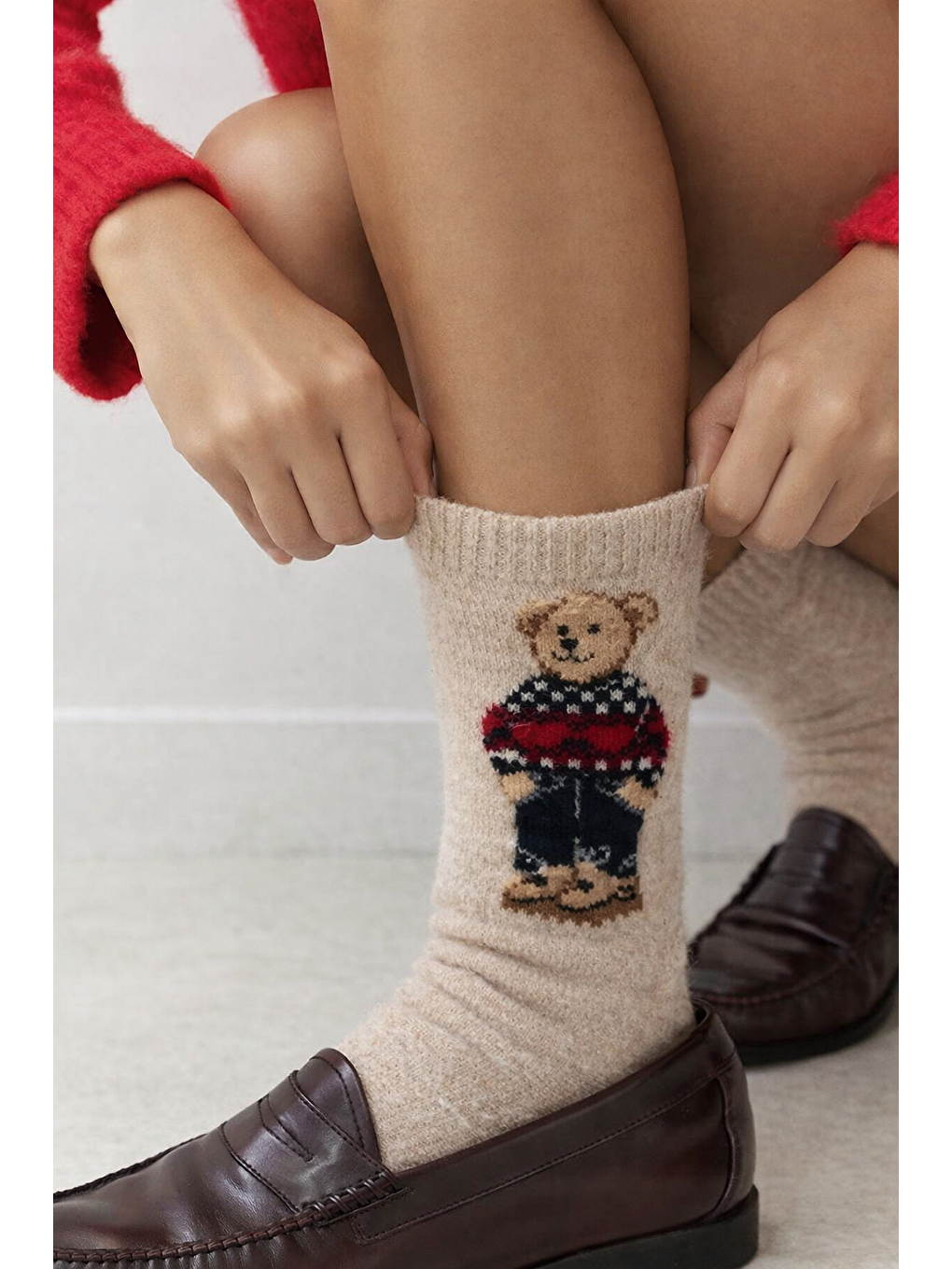 Kadın Teddy Desenli Yün Soket Çorap Bej