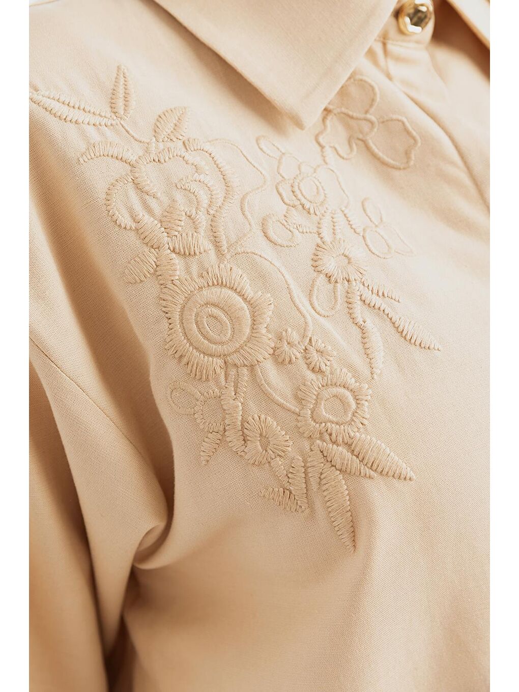 Bej-Nakışlı Keten Gömlek-3