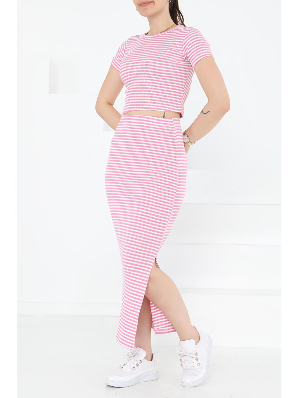 Kısa Kollu Çizgili İkili Takım Pembe - 27232-1