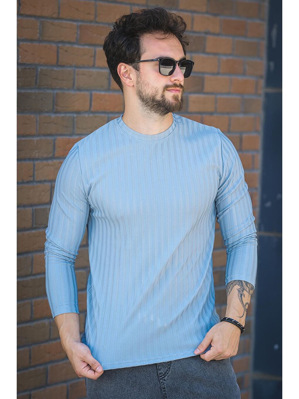 Gri Jordao Fitilli Slim Fit Elastanlı Bisiklet Yaka Erkek Uzun Kol Tshirt-2