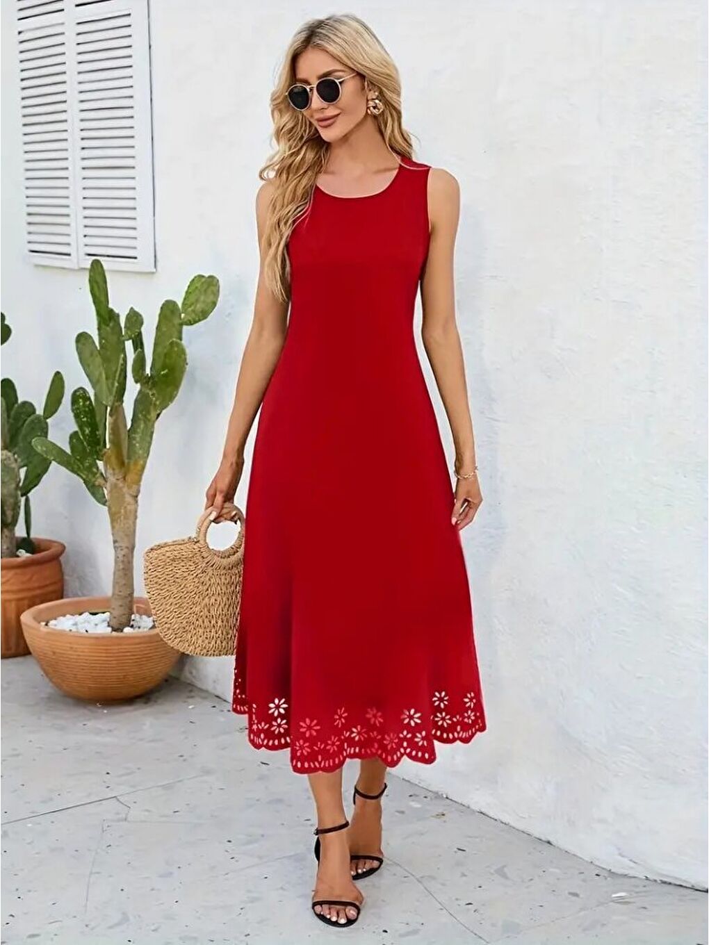 Kırmızı Kadın Kolsuz Etek Ucu Lazer Kesim çiçek Desenli Midi Boy Ithal Krep Elbise-3