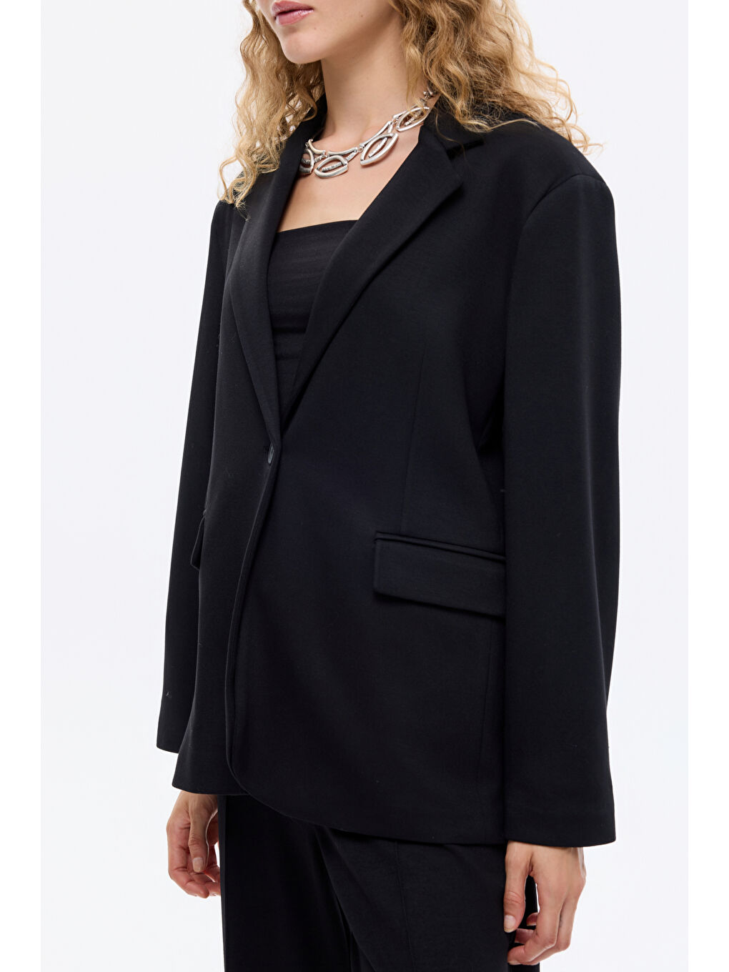 Tek Düğmeli Yumuşak Dokulu Oversize Blazer Ceket Siyah-3