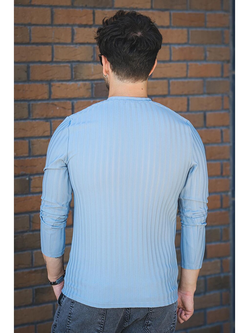 Gri Jordao Fitilli Slim Fit Elastanlı Bisiklet Yaka Erkek Uzun Kol Tshirt-3