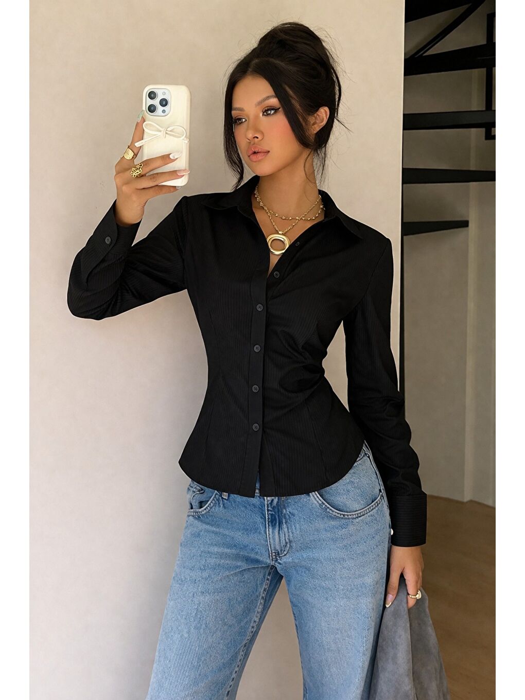 Siyah Kadın Premium Gömlek Slim Fit Uzun Kollu Ofis Günlük Kombin Basic Klasik Gömlek-1