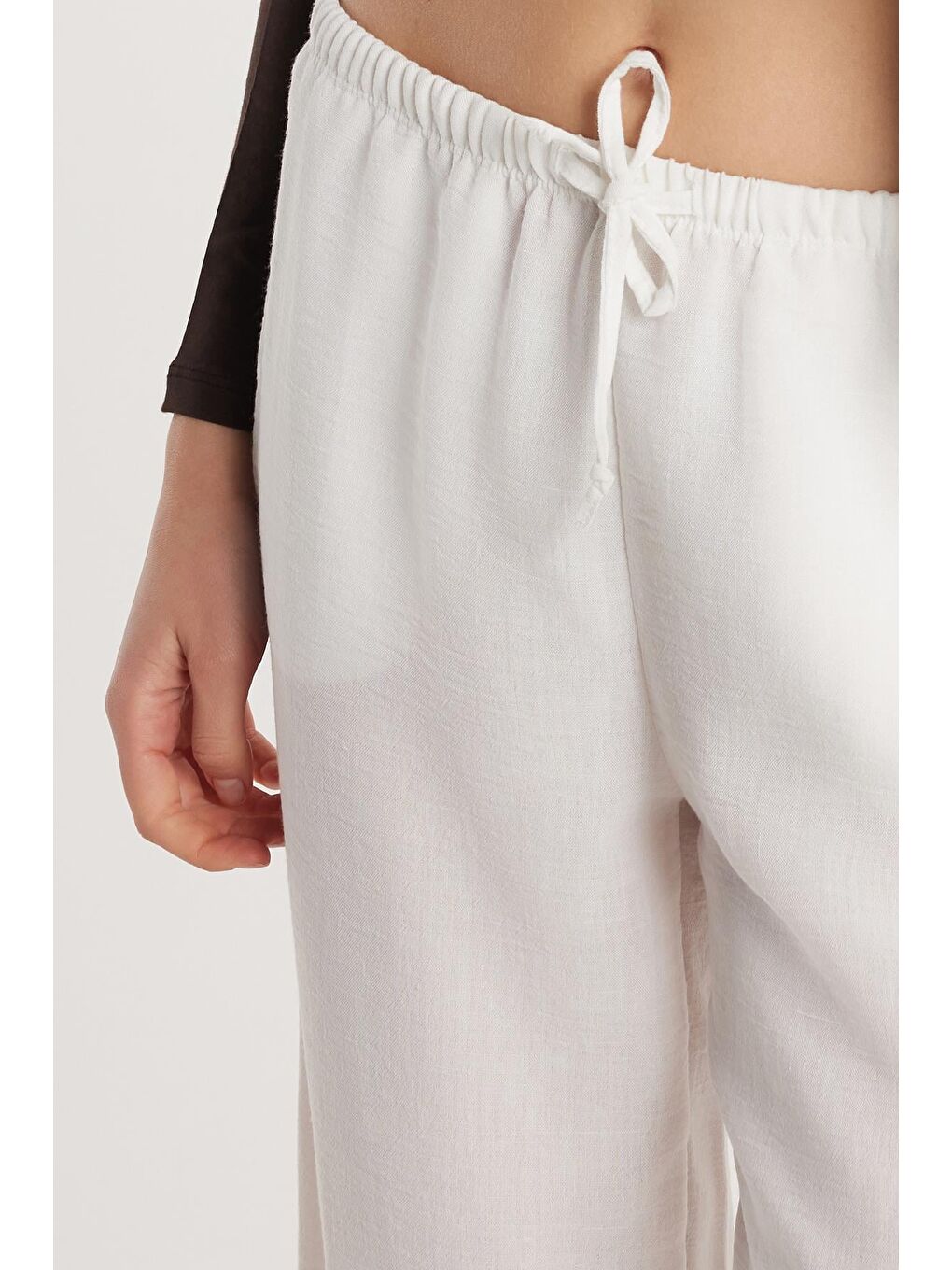 Kadın Regular Fit Beli Bağlamalı Keten Palazzo Geniş Paça Ekru Pantolon-1