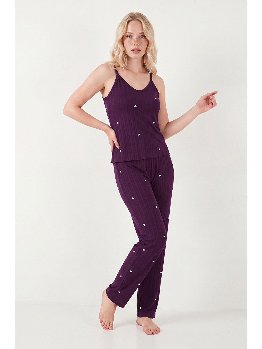 Mürdüm Askılı V Yaka Lastikli Bel Fitilli Pijama Takımı 65780604-1