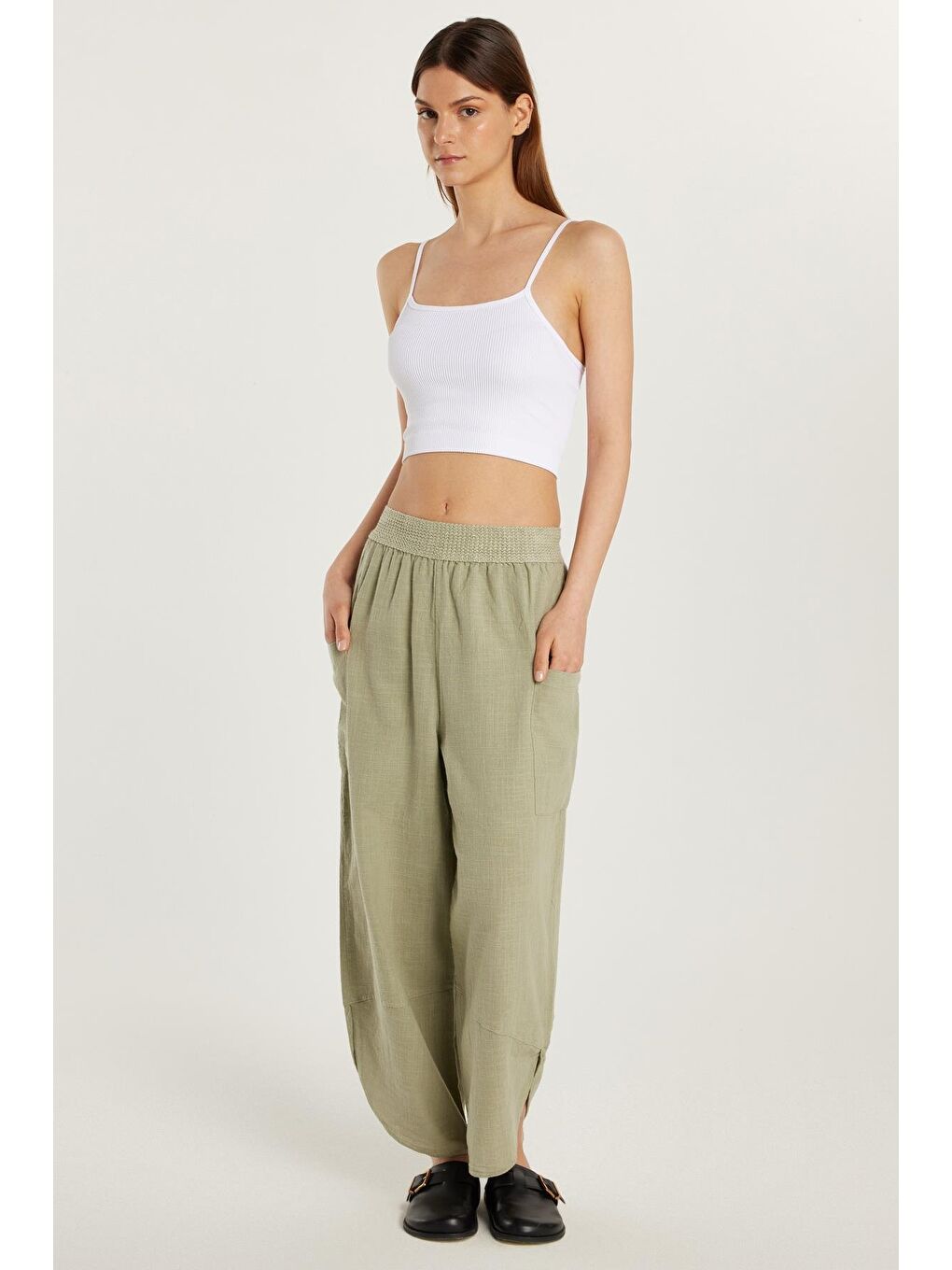 Kadın Relax Fit Rahat Kesim Beli Lastikli %100 Pamuk Bol Paça Haki Pantolon-2