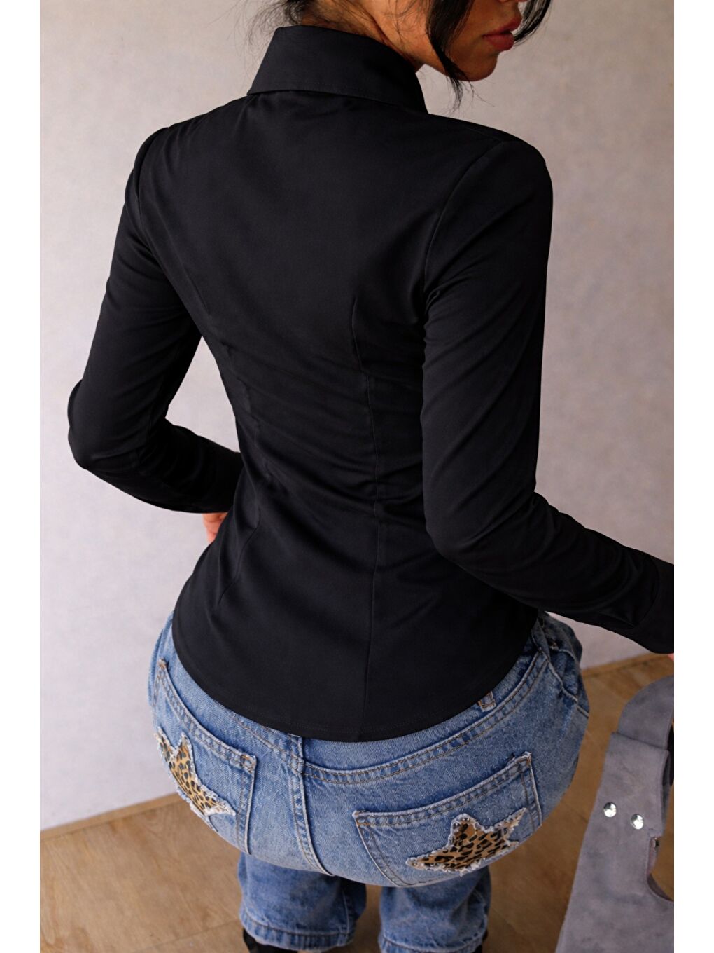 Siyah Kadın Premium Gömlek Slim Fit Uzun Kollu Ofis Günlük Kombin Basic Klasik Gömlek-3