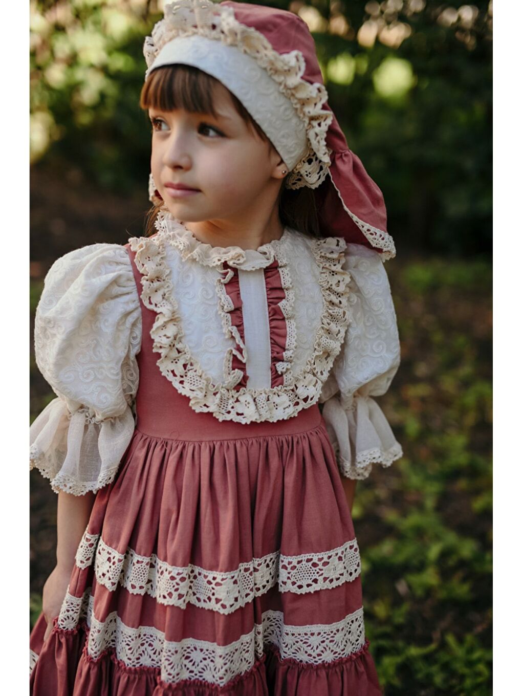 Kahverengi Bandanalı Dantel Detaylı Tasarım Vintage Kız Çocuk Elbise_M2206-2