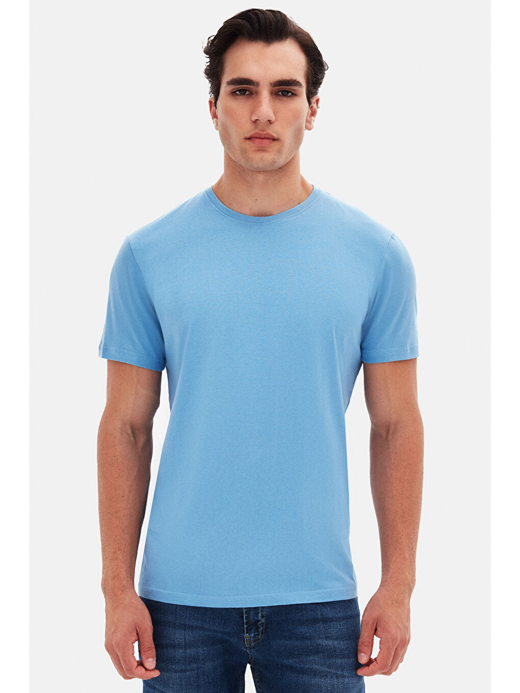 Slim Fit Açık İndigo Bisiklet Yaka %100 Pamuklu Nefes Alabilen T-Shirt