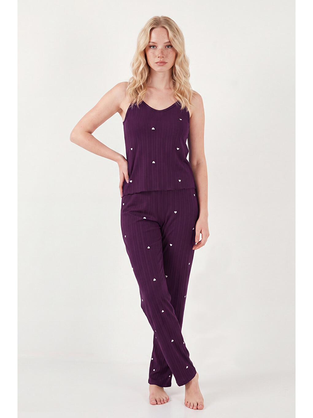 Mürdüm Askılı V Yaka Lastikli Bel Fitilli Pijama Takımı 65780604-2
