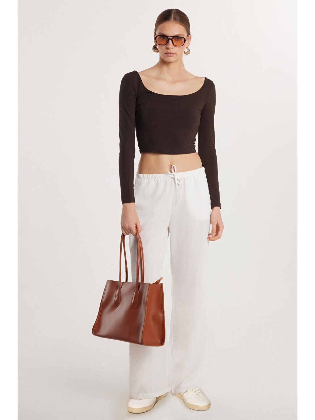 Kadın Regular Fit Beli Bağlamalı Keten Palazzo Geniş Paça Ekru Pantolon-2