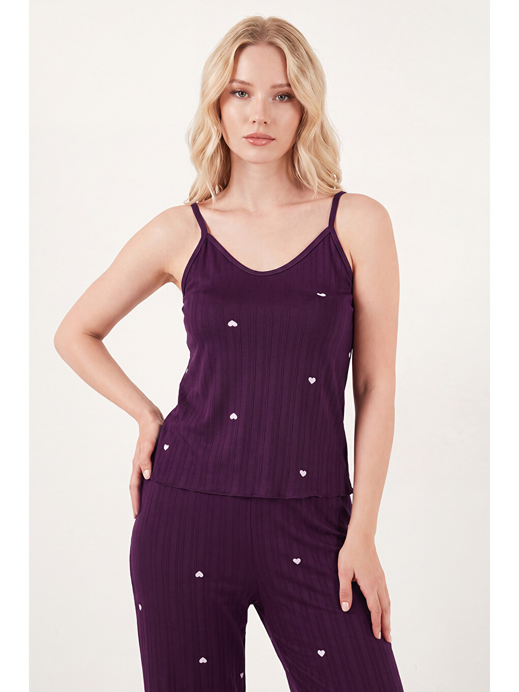 Mürdüm Askılı V Yaka Lastikli Bel Fitilli Pijama Takımı 65780604-3