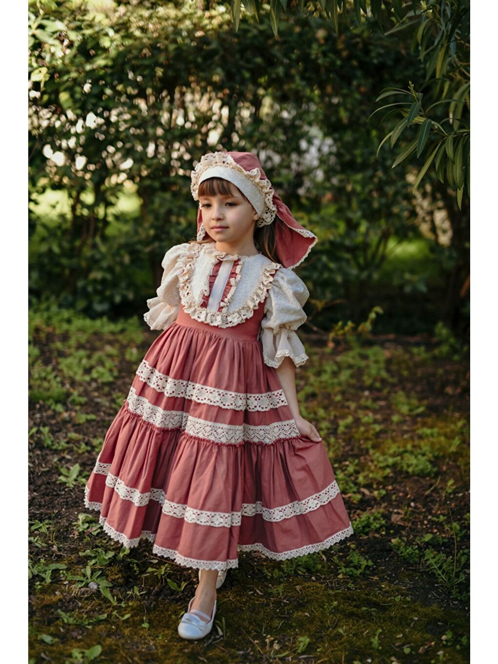 Kahverengi Bandanalı Dantel Detaylı Tasarım Vintage Kız Çocuk Elbise_M2206-6