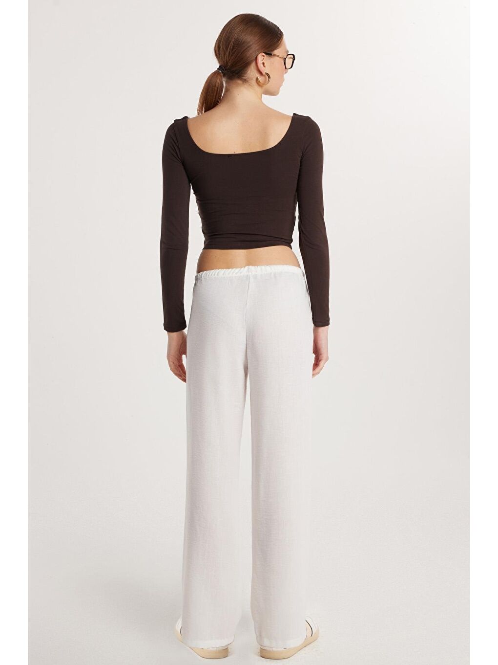 Kadın Regular Fit Beli Bağlamalı Keten Palazzo Geniş Paça Ekru Pantolon-3