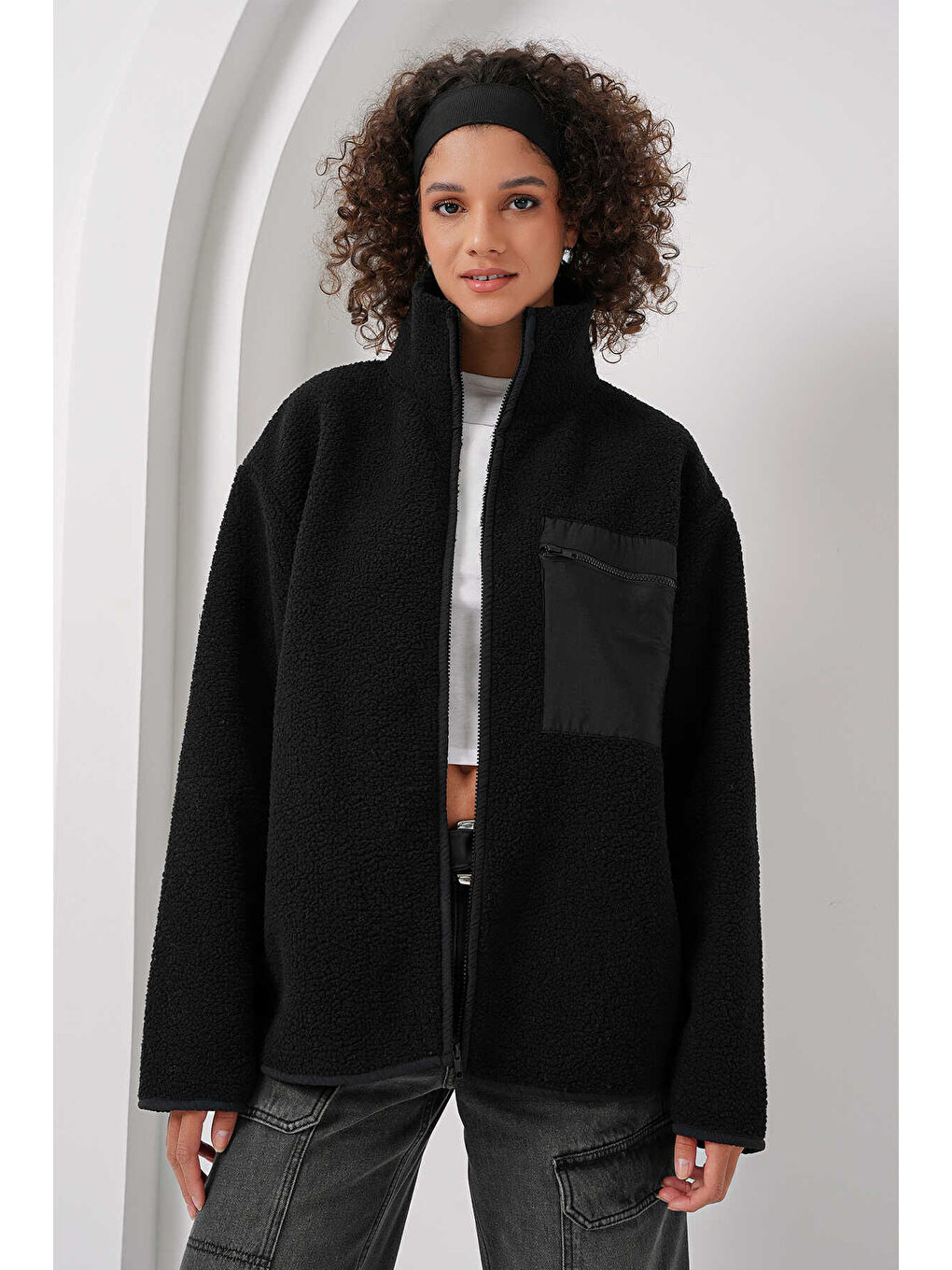 Siyah Kadın Fermuarlı Oversize Pelüş Ceket 55446-1