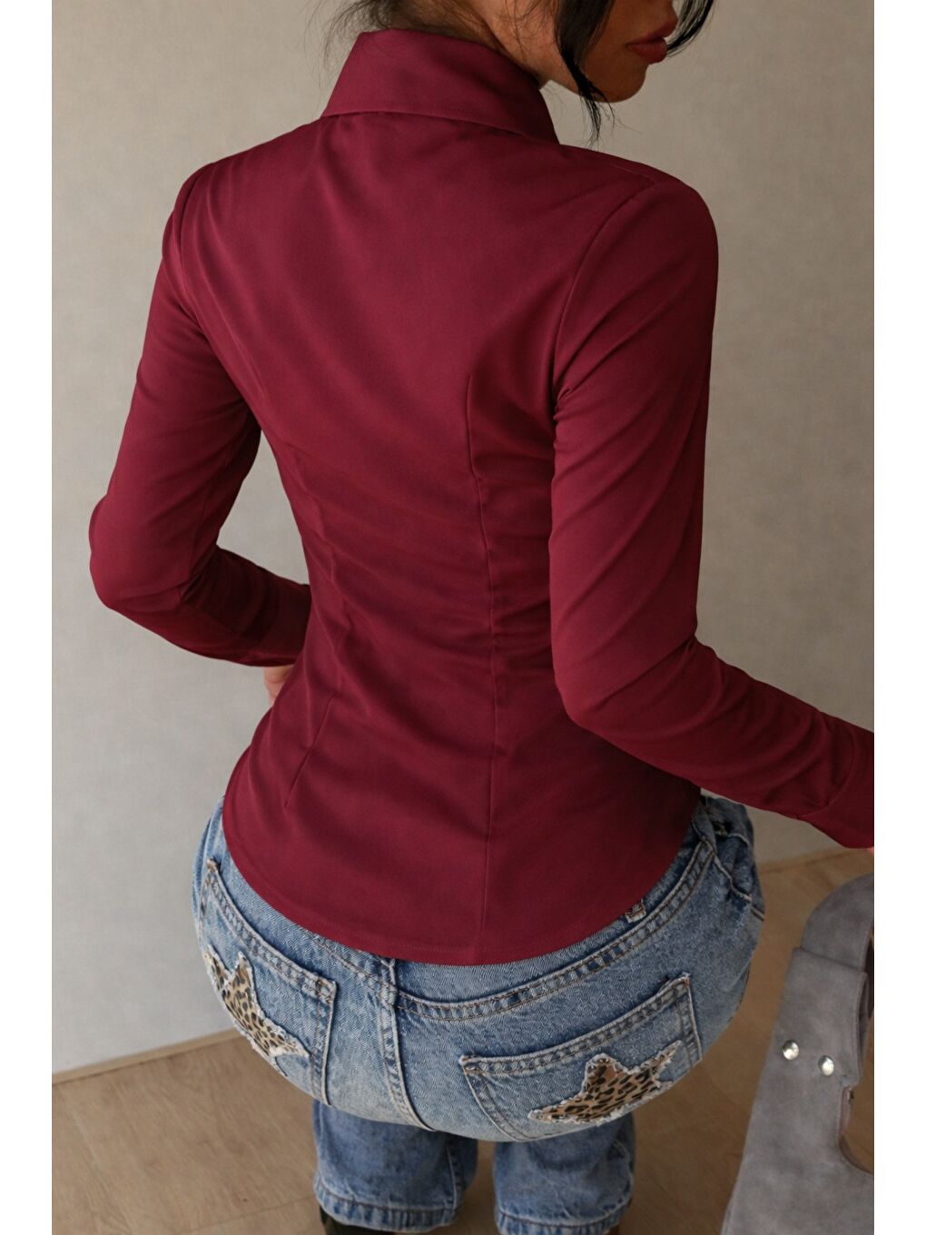 Bordo Kadın Premium Gömlek Slim Fit Uzun Kollu Ofis Günlük Kombin Basic Klasik Gömlek-1