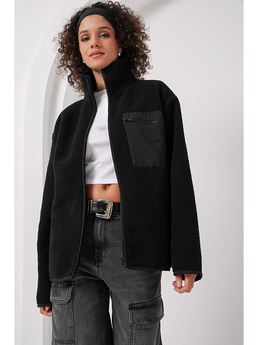 Siyah Kadın Fermuarlı Oversize Pelüş Ceket 55446-2
