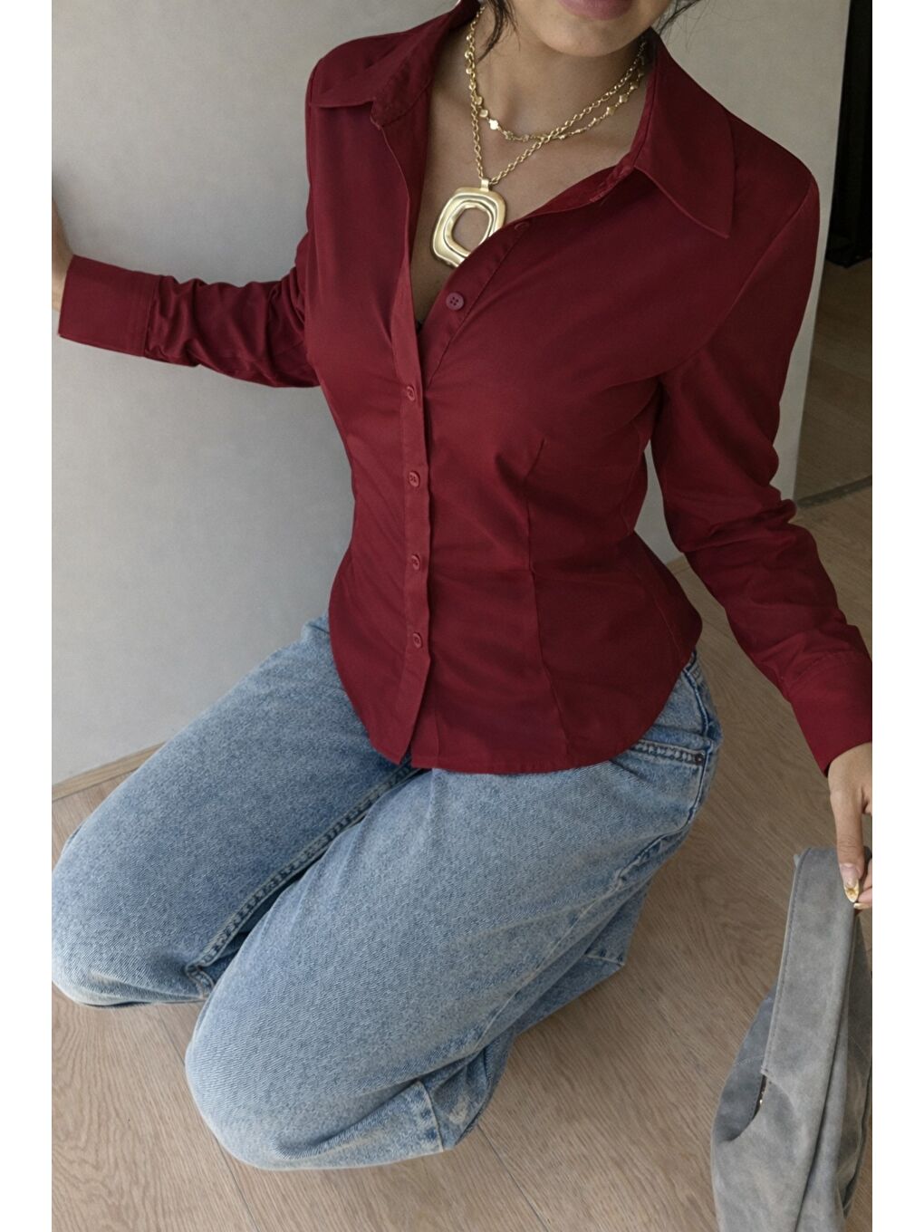 Bordo Kadın Premium Gömlek Slim Fit Uzun Kollu Ofis Günlük Kombin Basic Klasik Gömlek-2