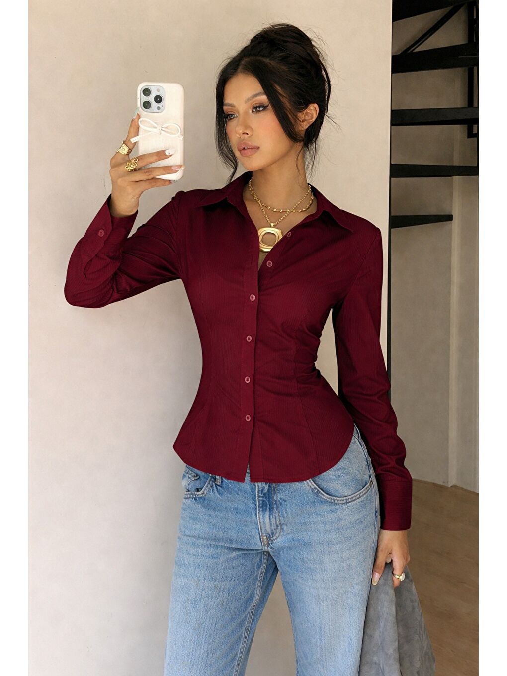Bordo Kadın Premium Gömlek Slim Fit Uzun Kollu Ofis Günlük Kombin Basic Klasik Gömlek-3