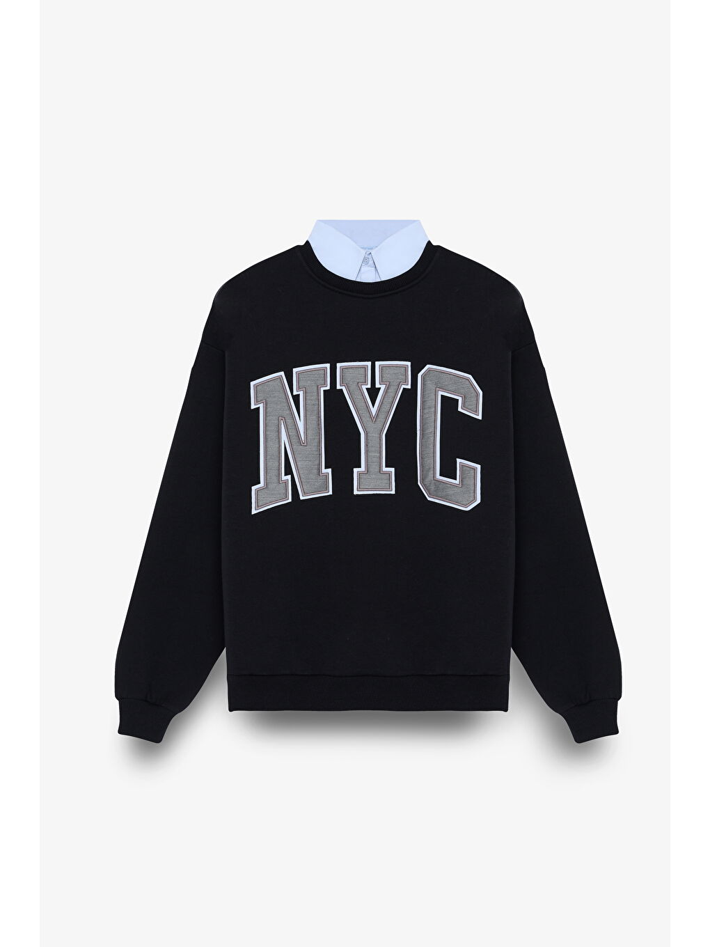Gömlek Yakalı Nakış Detaylı Oversize Sweatshirt Lacivert-1