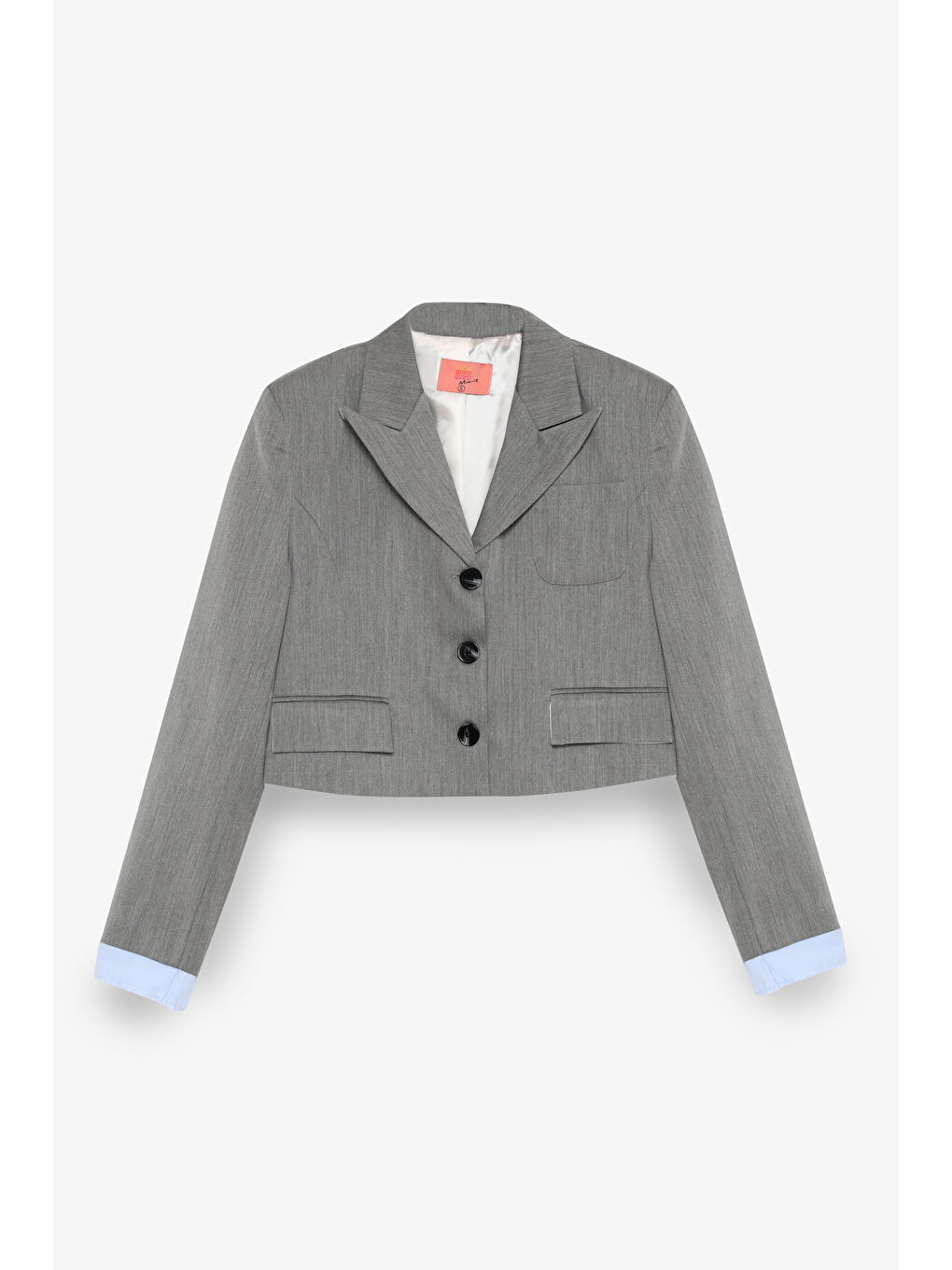 Kumaş Garnili Cep Detaylı Crop Blazer Ceket Gri-1