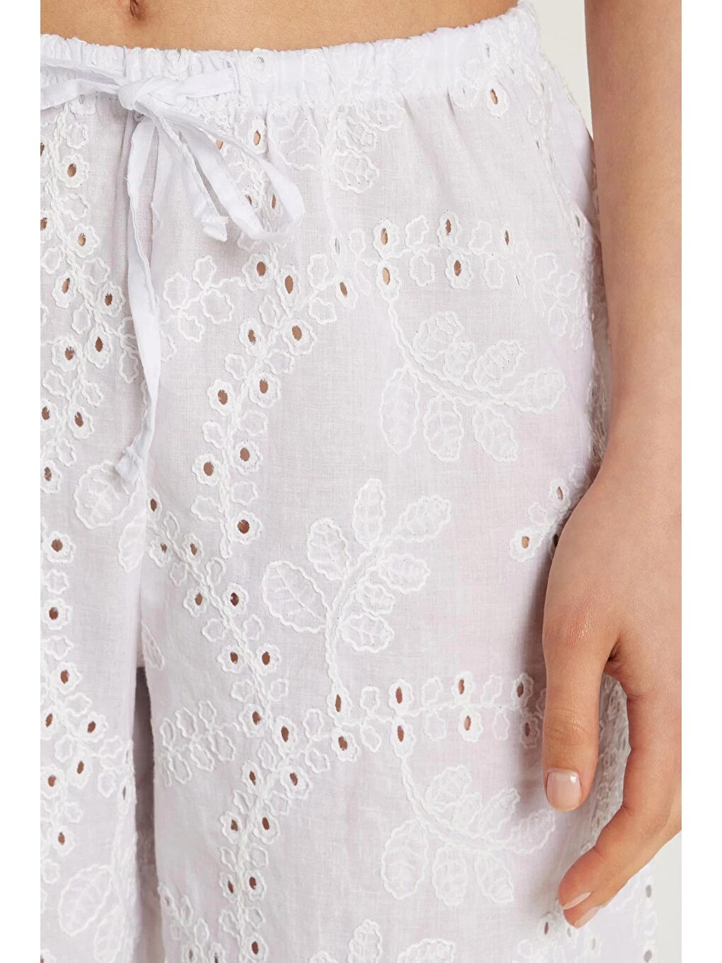 Kadın Regular Fit %100 Pamuk Beli Lastikli Bağlamalı Geniş Paça Ekru Pantolon-1