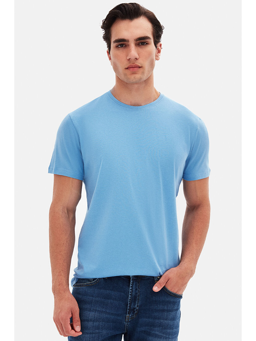 Slim Fit Açık İndigo Bisiklet Yaka %100 Pamuklu Nefes Alabilen T-Shirt-1