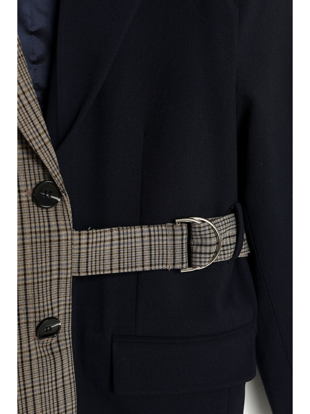 Ekose Garnili Kuşak Detaylı Oversize Blazer Ceket Lacivert-4