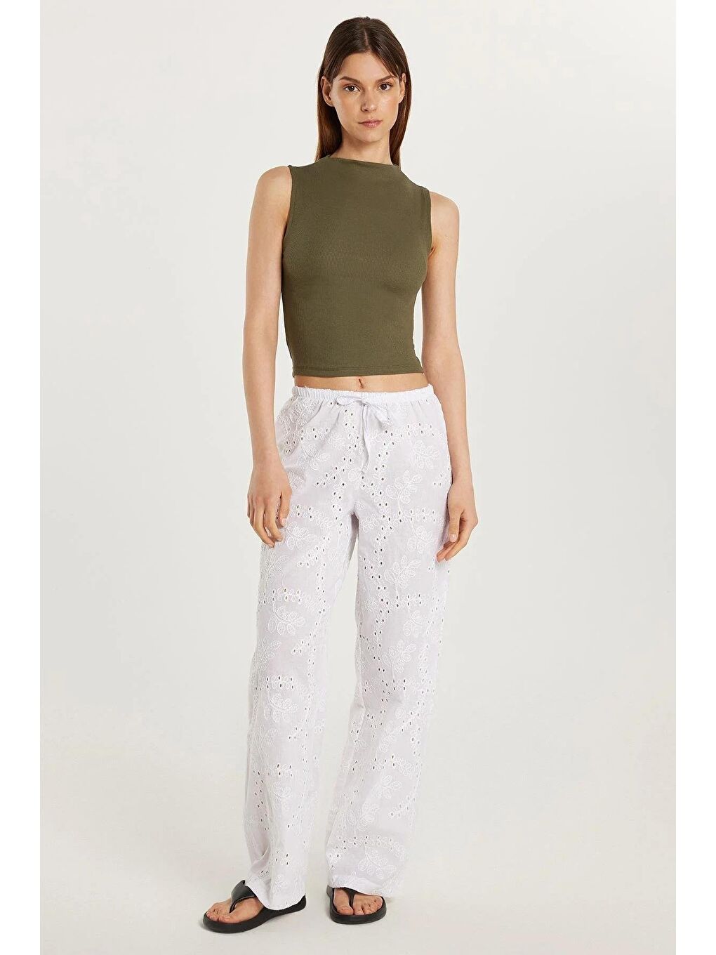 Kadın Regular Fit %100 Pamuk Beli Lastikli Bağlamalı Geniş Paça Ekru Pantolon-2