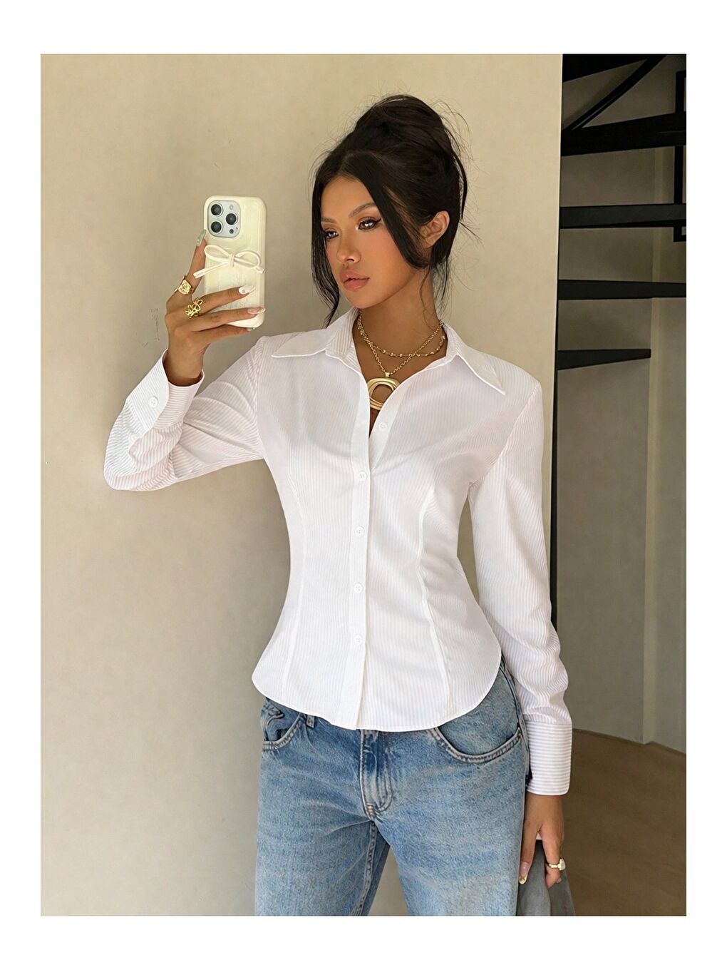 Beyaz Kadın Premium Gömlek Slim Fit Uzun Kollu Ofis Günlük Kombin Basic Klasik Gömlek-4