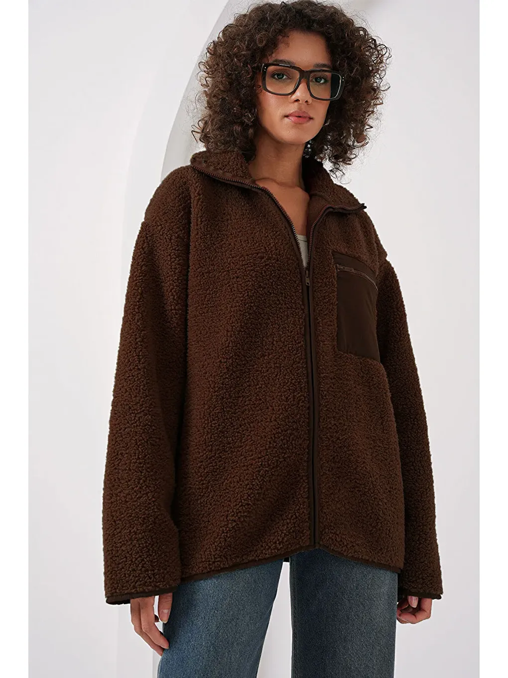 Kahverengi Kadın Fermuarlı Oversize Pelüş Ceket 55446
